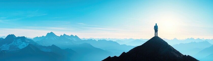 Person looking out at the horizon from a mountain peak, ready for new challenges