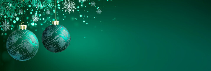 Stylish Christmas banner with copy space on a green background and two hanging ornaments