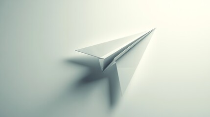 Minimalist composition of a single paper airplane on a smooth white surface, with sharp lines and subtle shadows, symbolizing freedom and simplicity, 4K hyperrealistic photo.