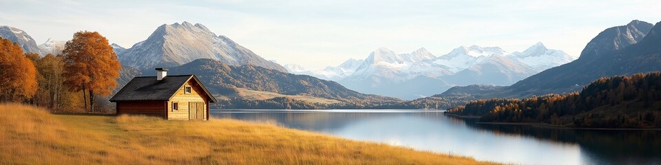Alpine Serenity: A secluded cabin nestled amidst autumn hues, overlooking a tranquil lake with majestic mountains in the backdrop. 