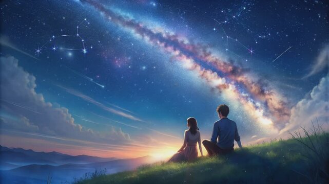 a couple on a hill with a sky full of stars in anime style