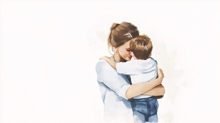 Tender Watercolor Embrace: A delicate watercolor painting captures the tender embrace of a mother and son, their love and connection radiating warmth and comfort.