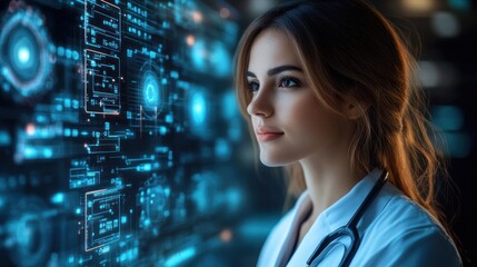 A woman in a lab coat observes digital data on a screen.