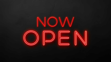 Obraz premium Now Open red neon lettering on plain black dark background