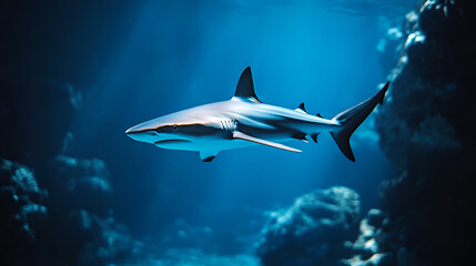 Naklejka premium A sleek shark patrolling the deep blue ocean depth