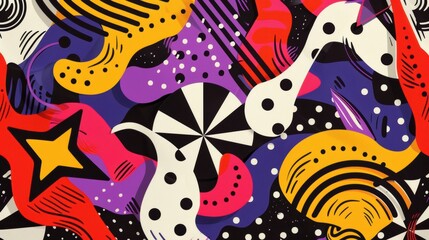 Seamless pattern with dark purple pop art elements. Perfect for vibrant and playful projects. The design is fun and energetic.