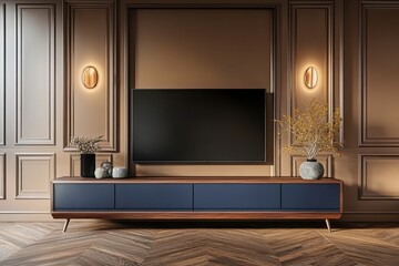 modern dark blue wood TV cabinet with brown wall panels and elegant wooden floor 