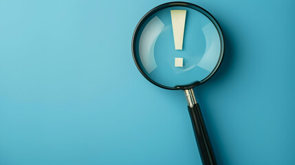 Magnifier magnifying exclamation mark on blue background. Alert and caution concept.