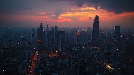 Fototapeta premium Aerial view of Bangkok at dusk, with the skyline skyscrapers illuminated against the