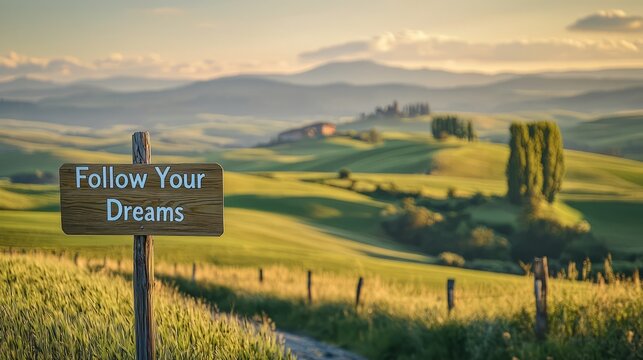 Follow Your Dreams Signpost in Tuscany Landscape
