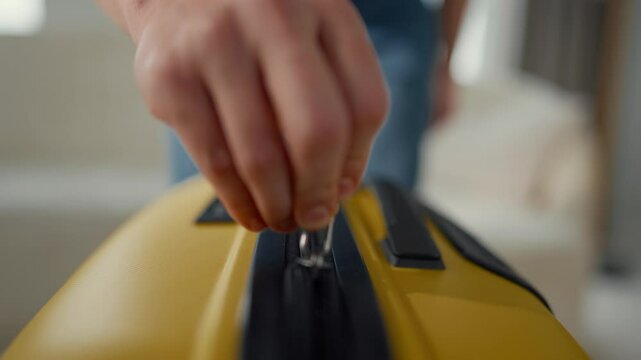Woman hand zipping suitcase, closeup, slow motion, trip and travel concept. Person preparing to voyage in summer vacation or weekend trip, tourism and travelling. Move to other apartment, closing bag