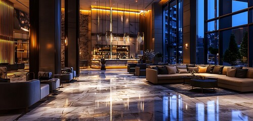 Hotel lounge with plush seating and polished floors, ultra HD.