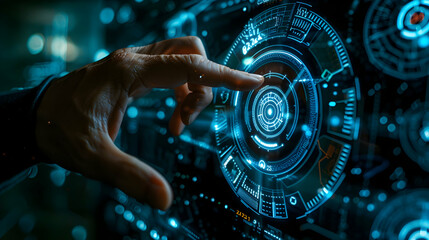 Man hand toching the 2024 abstract cyberpunk technology interface by poinitng finger on isolated black background with copy space. Happy New Year 2023 to 2024 concept. Innovation and hitech theme