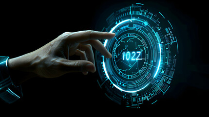 Man hand toching the 2024 abstract cyberpunk technology interface by poinitng finger on isolated black background with copy space. Happy New Year 2023 to 2024 concept. Innovation and hitech theme