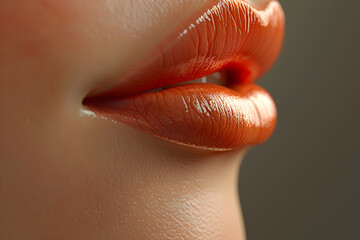 Fototapeta premium Close-up of smooth, full lips in a vibrant coral shade, highlighted with a glossy finish against a muted background.