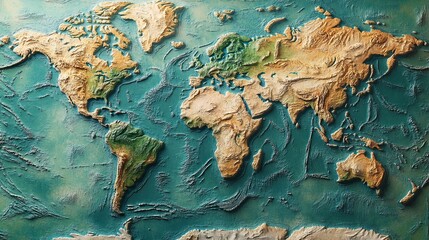 A high-resolution topographic world map detailing continents, displaying physical features such as mountains, rivers, and oceans, ideal for geographic and educational purposes.