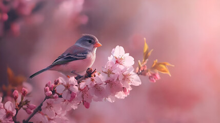 Fototapeta premium A small finch perched on a blooming cherry blossom