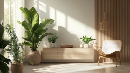 A modern living room with a wooden console, plants, and a comfortable chair.
