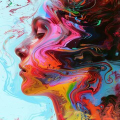 Fototapeta premium Colorful abstract art depicting a woman's profile with fluid brushstrokes and vibrant hues, expressing creativity and emotion.