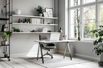 Fototapeta premium Contemporary open space office with computer, shelf with documents