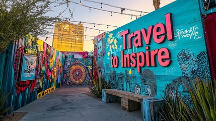 Colorful Street Art Mural with Travel to Inspire Sign and Bench