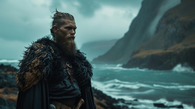 Viking Warrior Standing on Rocky Shoreline with Windblown Hair and Fur Cloak, Gazing over the Rough Sea and Rugged Cliffs, Capturing the Essence of Norse Strength and the Wild Nordic Landscape