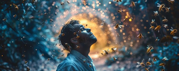 Naklejka premium Man in Enchanted Forest Surrounded by Glowing Butterflies and Magical Light, Gazing Upwards with a Sense of Wonder Amidst Ethereal Atmosphere, Dreamlike Vibes, and Surreal Lighting