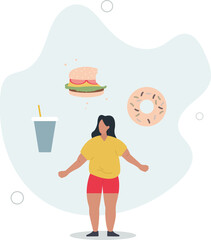 Overweight woman eats junk food.flat design with people.