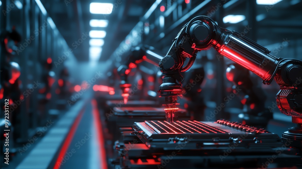 Poster a robotic arm in an automated factory setting assembling a product.