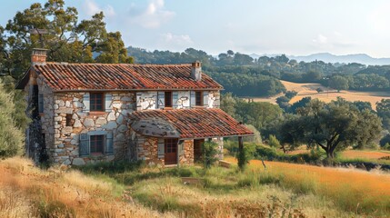 Obraz premium Charming Isolated Stone Cottage with Red Tiled Roof in Rolling Hills and Countryside, Surrounded by Golden Fields, Green Trees, and Scenic Landscape with Serene Natural Beauty