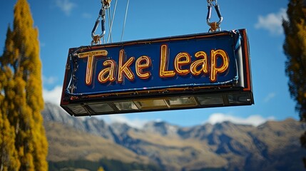 Take Leap Neon Sign Hanging Against Mountain Landscape