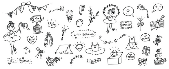 Hand drawn line doodles vector design elements set of ballerina girl, ballet dress, pointe shoes, crown, hand mirror, diamond ring, trophy, scepter. Ballet elements concept illustration. © yindee