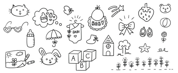 Fototapeta premium Hand drawn line doodles vector design elements set of milk bottle, gloves, aprons, socks, coloring paper, umbrellas, stars, shoes, bears, rabbits, balls. Baby elements concept illustration.