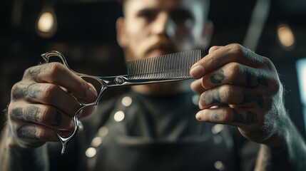 A skilled barber prepares to style hair with scissors and a comb in a modern barbershop during the late afternoon hours