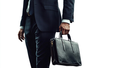 Professional businessman walking confidently in a tailored suit, carrying a briefcase, against a plain background