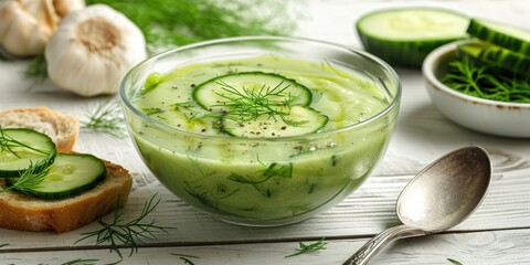 Chilled cucumber gazpacho served in a glass bowl alongside bread and a spoon on a light wooden table, featuring summer vegetables and Greek yogurt with avocado and bell pepper.