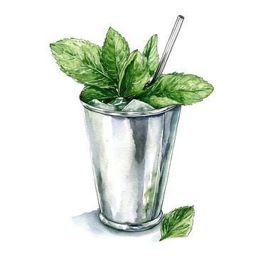 Watercolor Illustration of a Mint Julep Cocktail in a Silver Cup.
