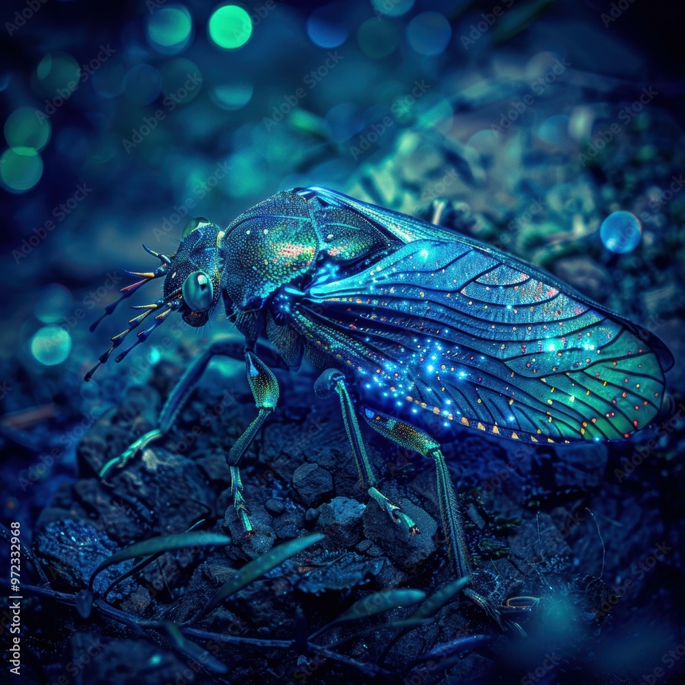 Poster A shimmering insect with iridescent wings. AI.