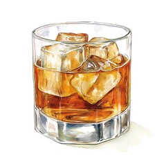 Watercolor Illustration of a Glass of Whiskey with Ice.