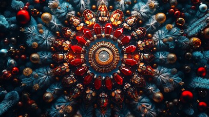 Fototapeta premium Symmetrical arrangement of Christmas ornaments in a radial pattern, with intricate geometric designs and festive colors. 4K hyperrealistic photo.