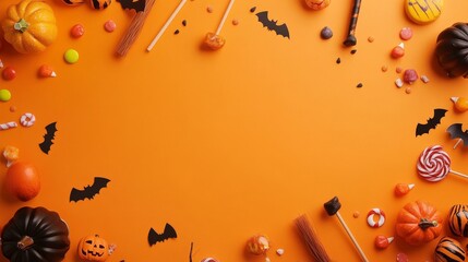 Fototapeta premium Halloween Spooky Decorations Flat Lay on Orange Background with Copy Space Below