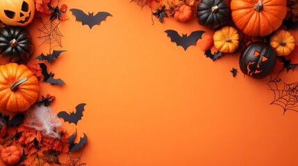 Festive Halloween Flat Lay with Pumpkins, Bats, and Cobwebs on Orange Background with Copy Space on Left