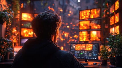 Obraz premium A person monitors multiple screens displaying fiery visuals.