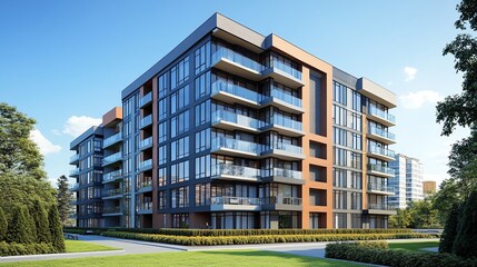 Fototapeta premium Modern apartment building with large windows and balconies.