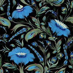 Floral seamless pattern from hand painted blue chrysanthemum flowers and green leaves on a black background. Petrykivka traditional painting