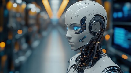 Fototapeta premium A futuristic humanoid robot in a high-tech corridor.