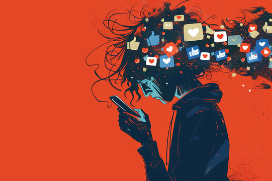 Cellphone addict, teenager excess of social media, children mobile phone screen dependency