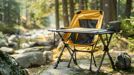 Outdoor Adventure Desk: A functional and durable workspace designed for outdoor enthusiasts, complete with a camping chair, map case, and gear strewn about, reflecting the active lifestyle of those wh