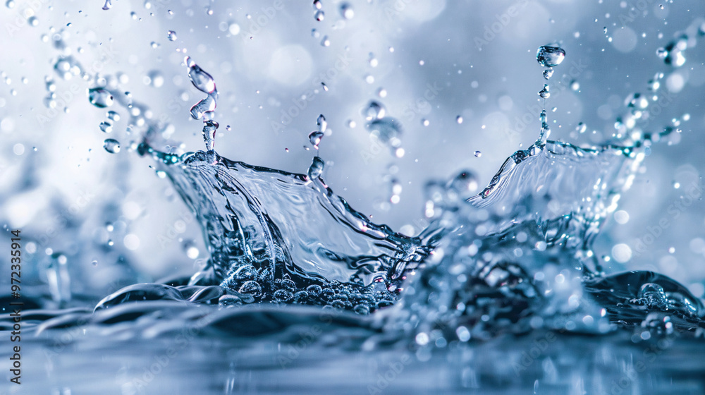Poster a high-speed capture of water droplets splashing on a surface, creating a dynamic and mesmerizing pa
