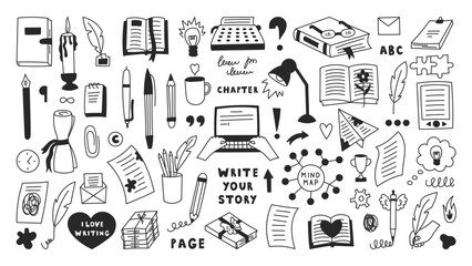 Book Writer Doodle Icons Set. Large collection of hand drawn Writing tools equipment and symbols. Outline book reading signs for author publisher journalist.